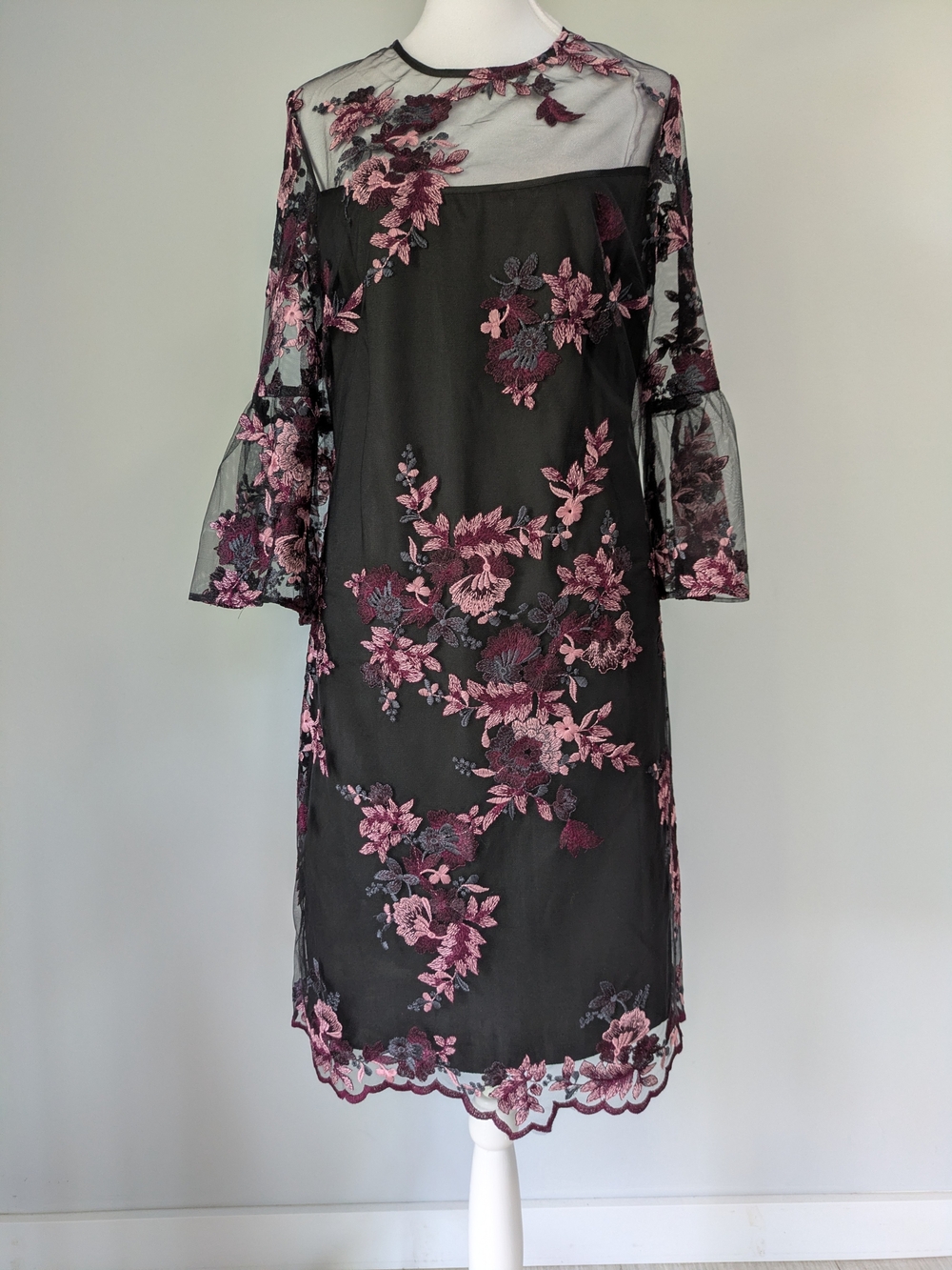 White House Black Market Black Midi Dress with Pink Floral Embroidery Sheath Dre